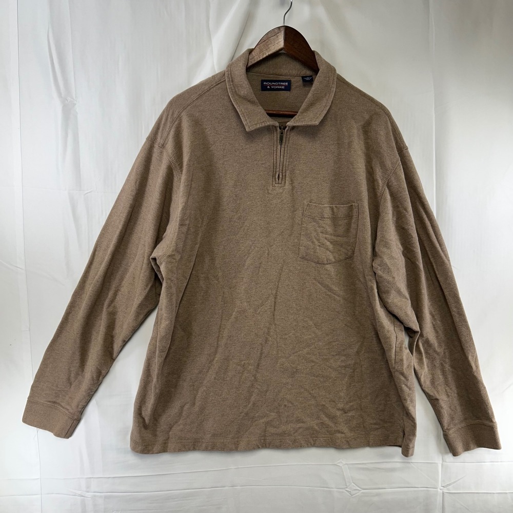 Roundtree & Yorke Pullover Mens XL Tan Quarter Zip Cotton Long Sleeve Pocket